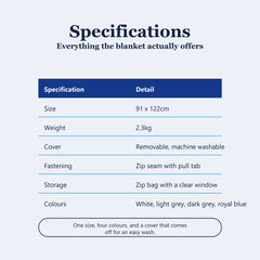 Weighted blanket specifications, 91 x 122cm, 2.3kg, removable machine washable cover, zip seam, zip storage bag, four colours