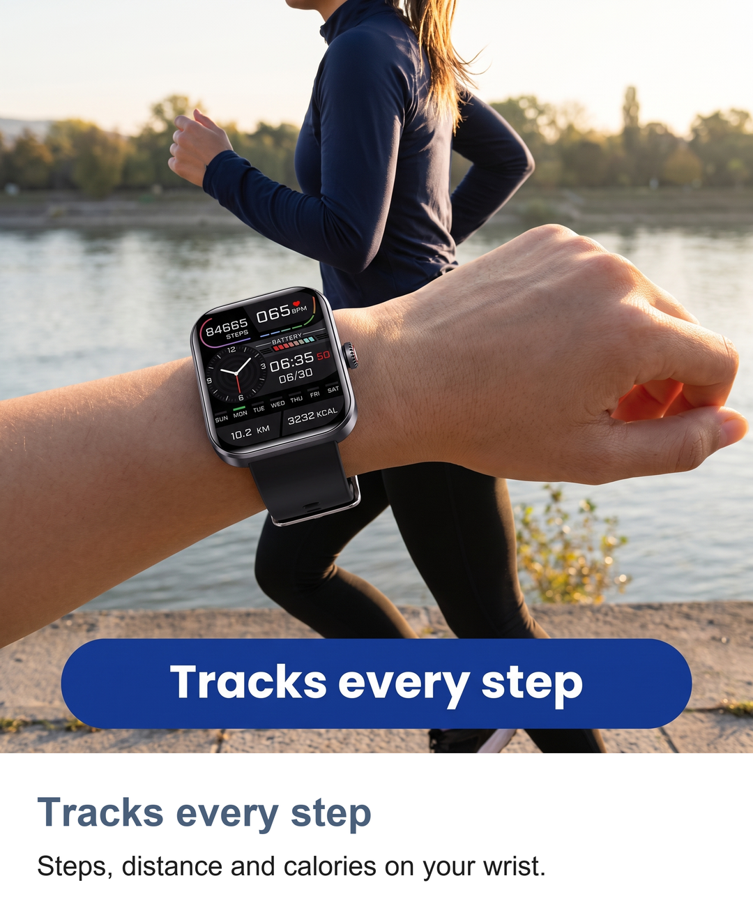 Square smart watch: Tracks every step. Steps, distance and calories on your wrist.