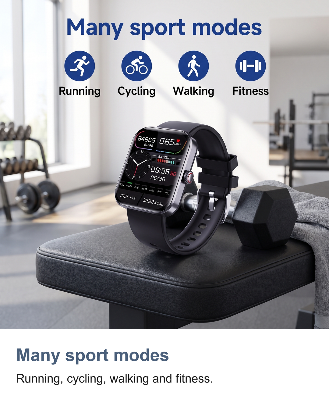 Square smart watch: Many sport modes. Running, cycling, walking and fitness.