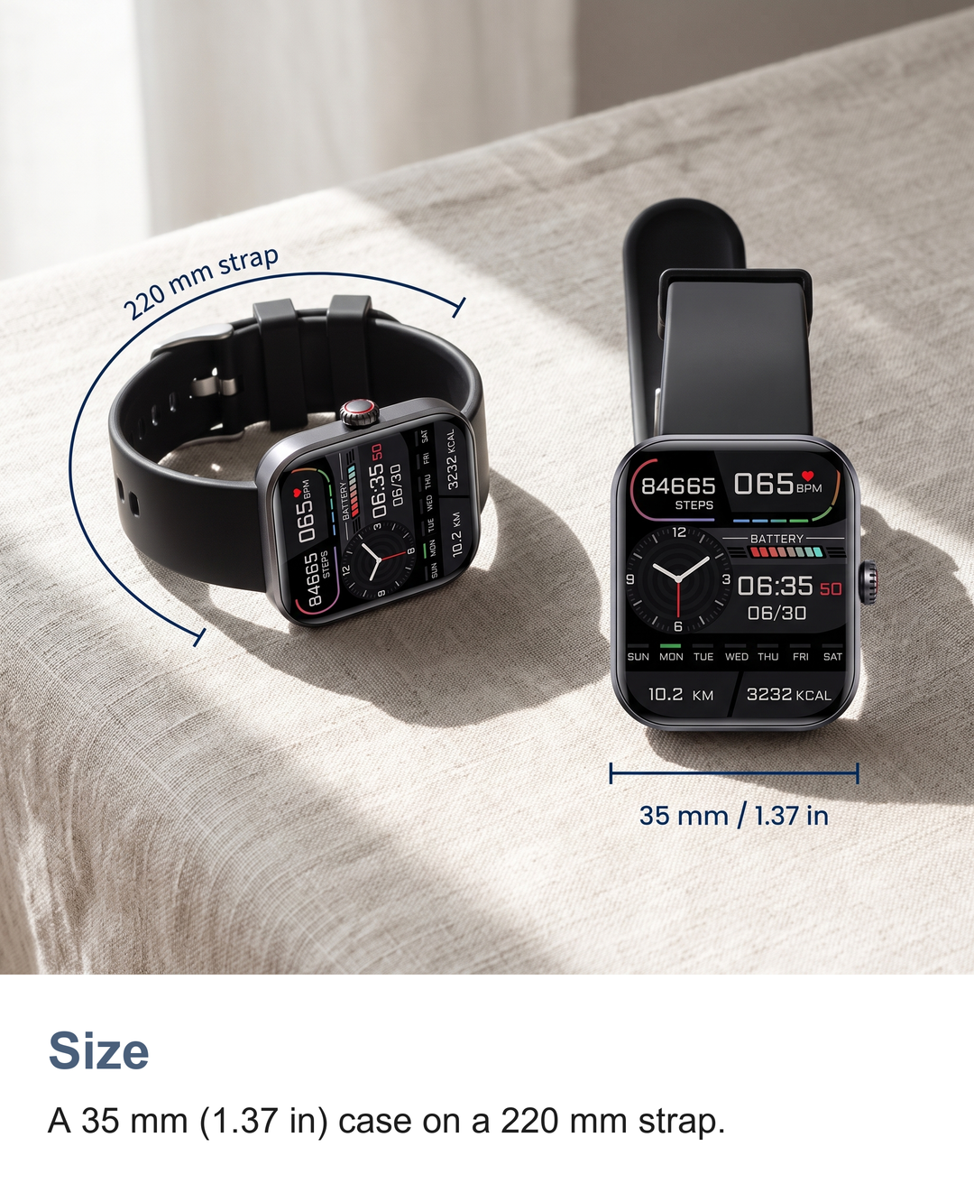 Square smart watch: Size. A 35 mm (1.37 in) case on a 220 mm strap.