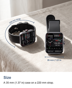 Square smart watch: Size. A 35 mm (1.37 in) case on a 220 mm strap.