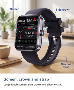 Square smart watch: Screen, crown and strap. Large touch screen, side crown and silicone strap.