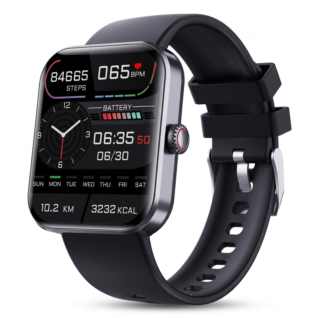 Black square smart watch with step counter, heart rate and blood pressure screen on a black silicone strap