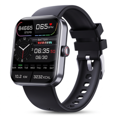 Black square smart watch with step counter, heart rate and blood pressure screen on a black silicone strap