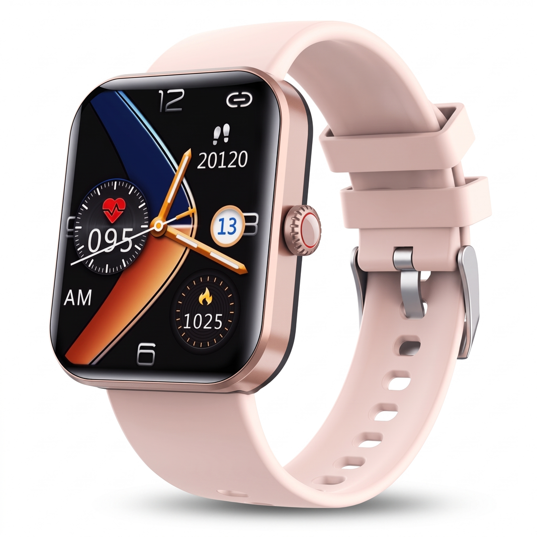 Pink square smart watch with a rose gold case and pink silicone strap