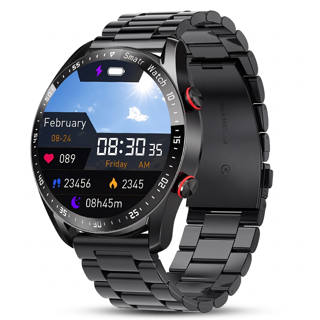 Smart watch for men with a black steel bracelet