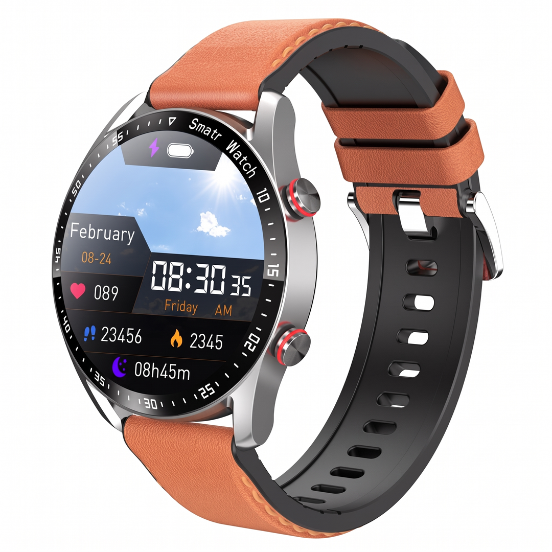 Smart watch for men with a silver case and orange leather strap