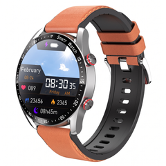 Smart watch for men with a silver case and orange leather strap