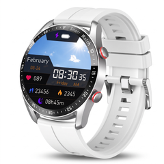 Smart watch for men with a silver case and white silicone strap