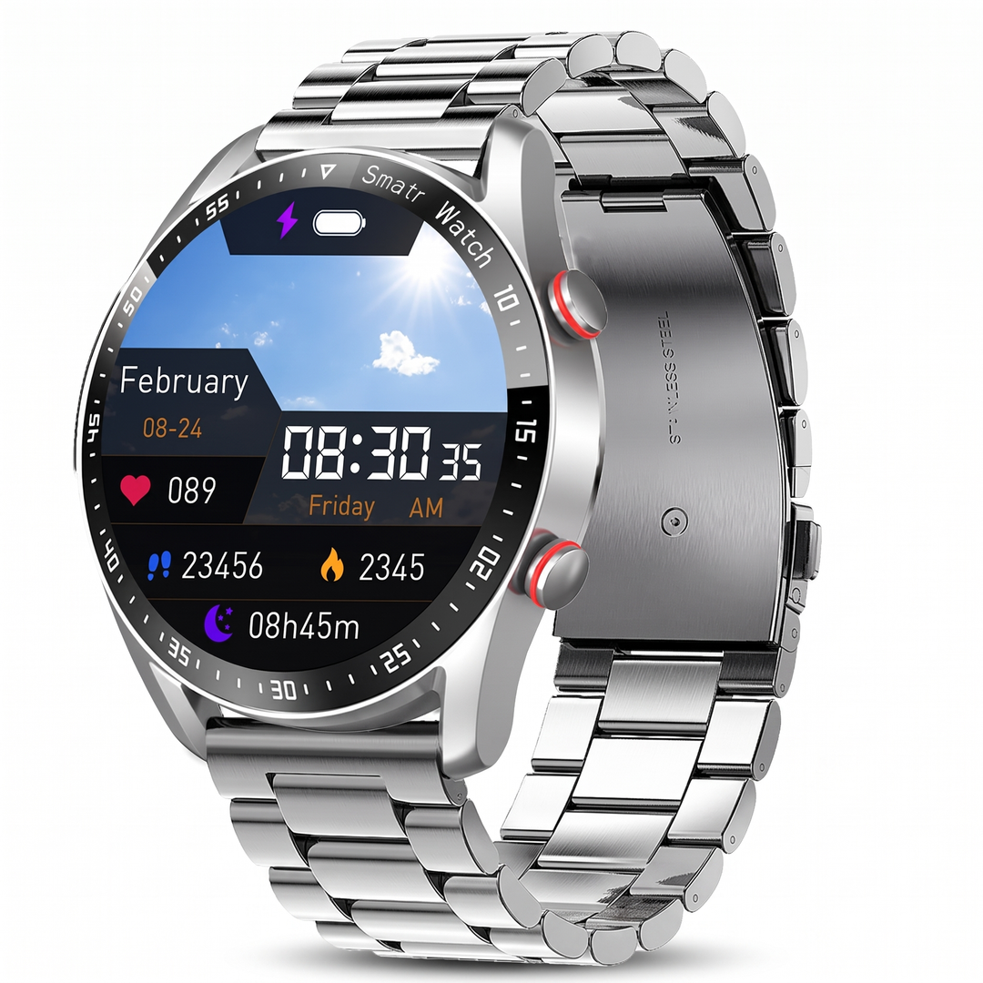 Smart watch for men with a silver steel bracelet