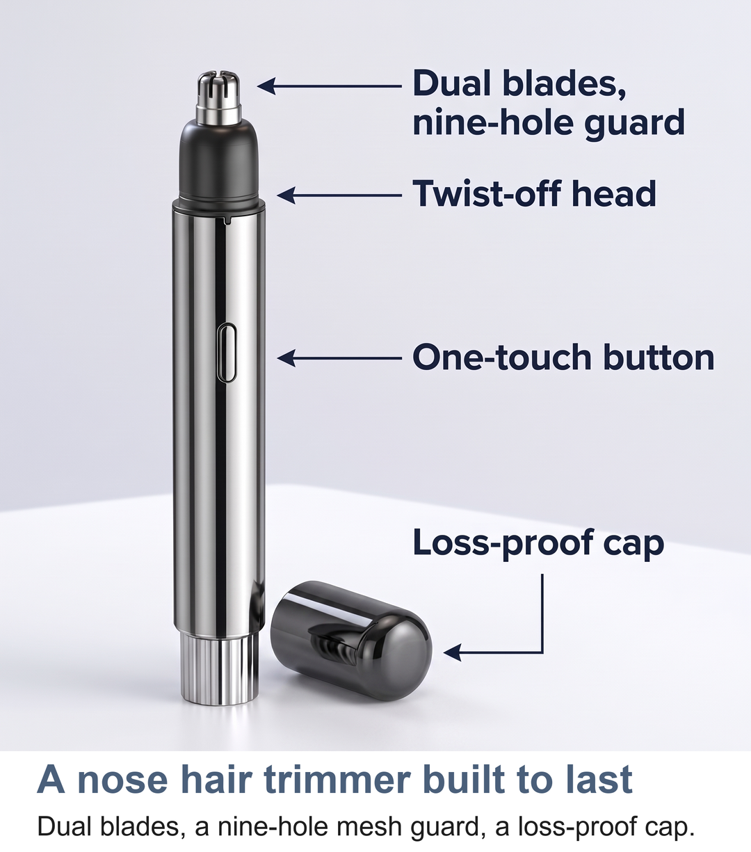 Labelled view of the nose hair trimmer showing the dual blades, nine-hole mesh guard and loss-proof cap