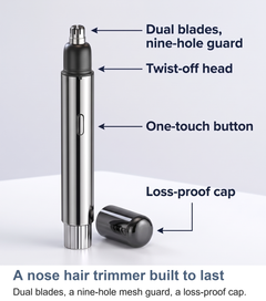 Labelled view of the nose hair trimmer showing the dual blades, nine-hole mesh guard and loss-proof cap