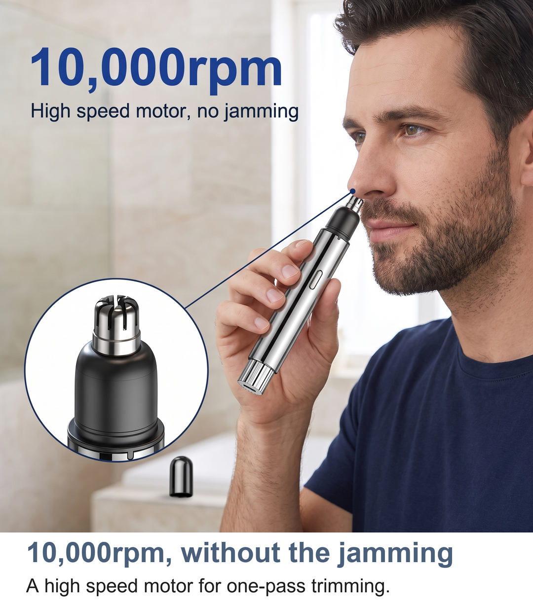 Nose hair trimmer with its 10,000rpm high speed motor stat, in use near the face