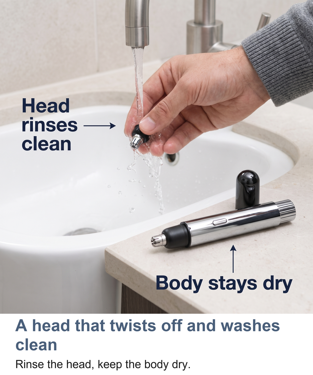 The nose hair trimmer head twisted off the body for rinsing under a tap