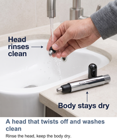 The nose hair trimmer head twisted off the body for rinsing under a tap