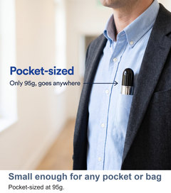 Nose hair trimmer shown pocket-sized at 95g