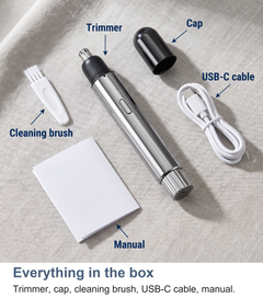 Everything in the box: nose hair trimmer, cap, cleaning brush, USB-C cable and manual