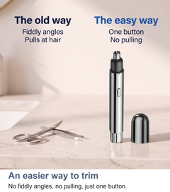 Comparison of fiddly scissors and tweezers against the easy one-button nose hair trimmer