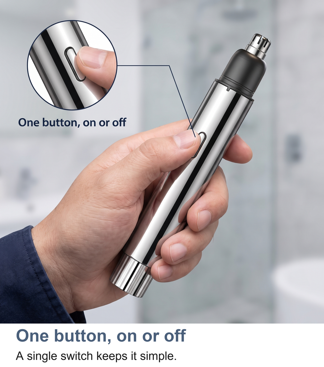 Macro of the single on/off button on the nose hair trimmer
