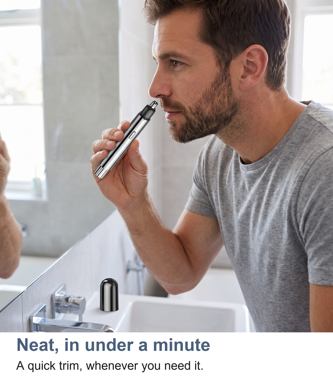 Nose hair trimmer resting on a bathroom mirror shelf after a quick trim