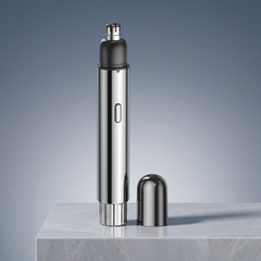 Black rechargeable nose hair trimmer with its cap