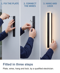 Fitted in three steps: Plate, wires, hang and lock, by a qualified electrician.