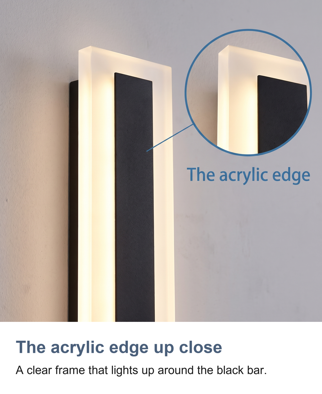 The acrylic edge up close: A clear frame that lights up around the black bar.