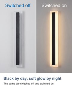 Black by day, soft glow by night: The same bar switched off and switched on.