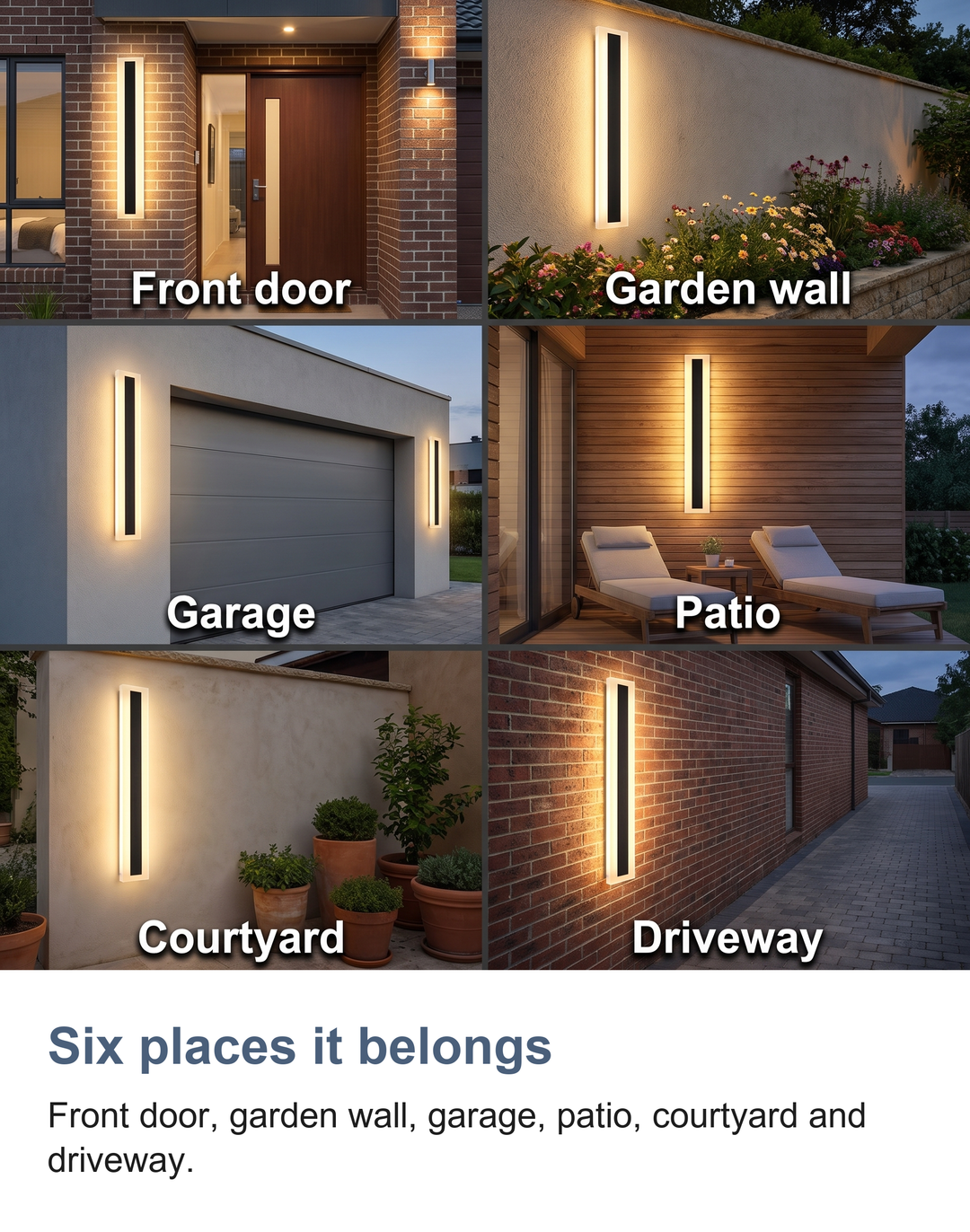 Six places it belongs: Front door, garden wall, garage, patio, courtyard and driveway.