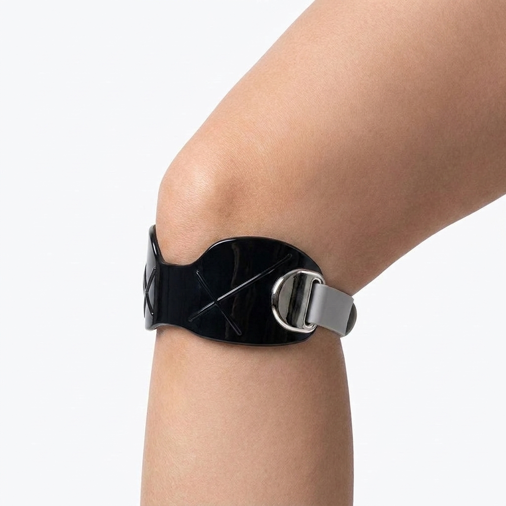 Two-tone black silicone patella band worn on the knee
