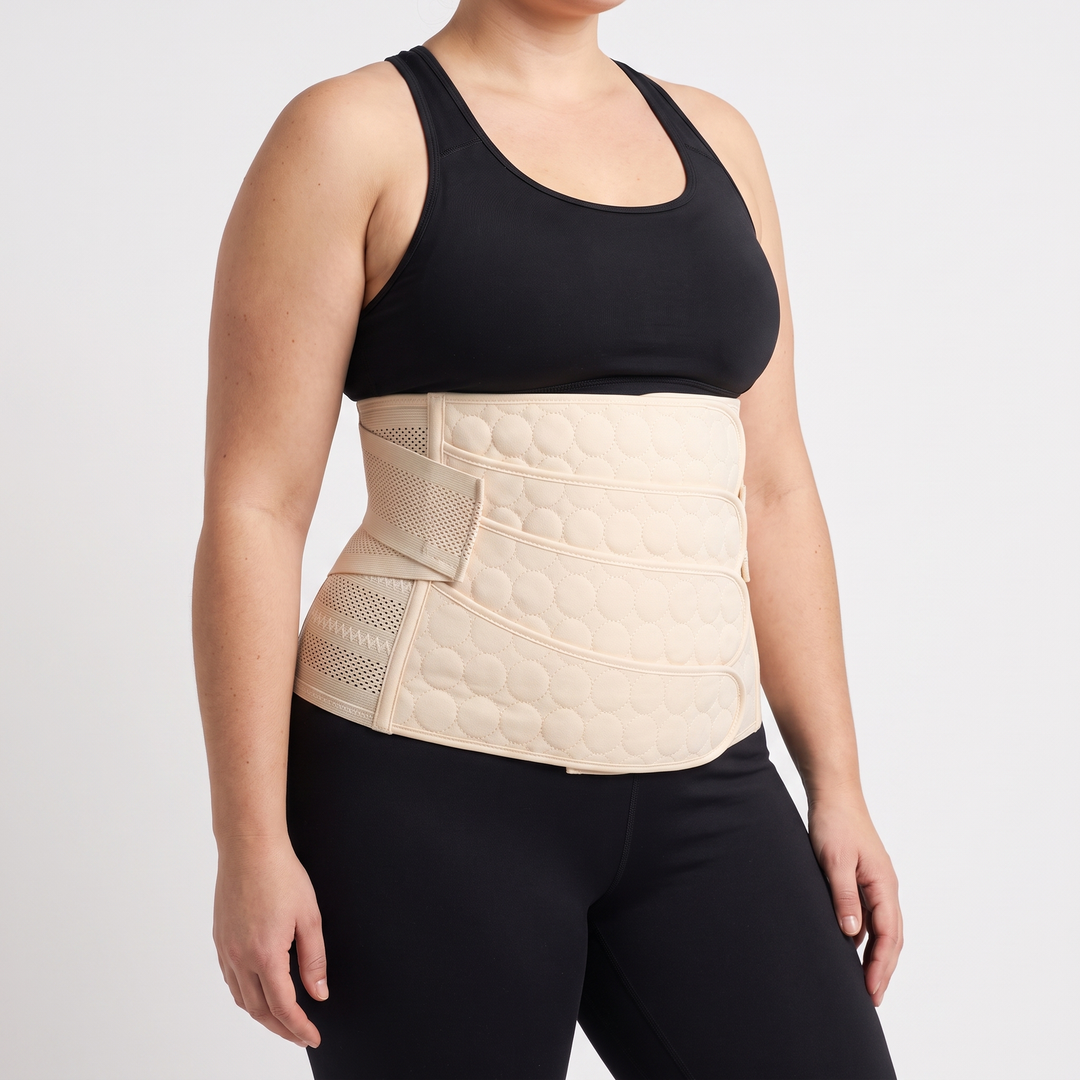 Postpartum belly band abdominal binder in Nude worn on the waist