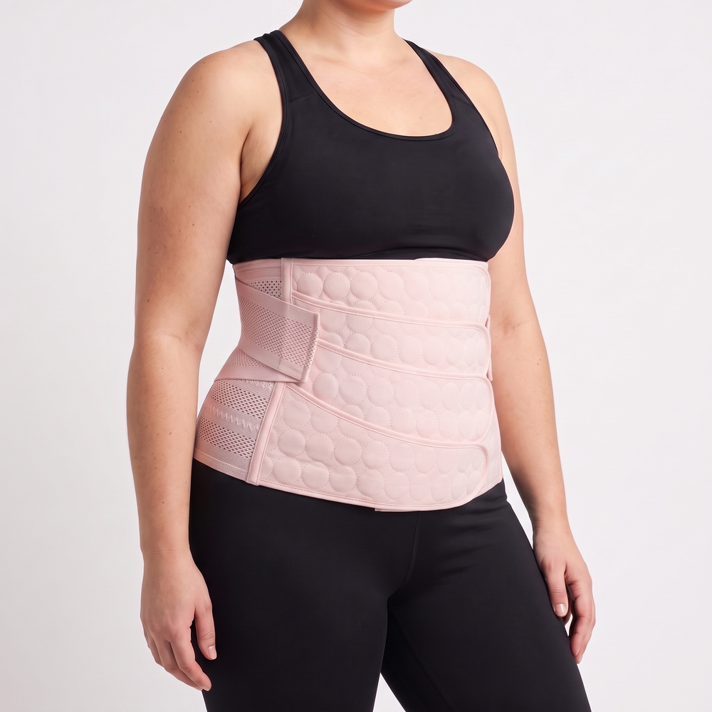 Postpartum belly band abdominal binder in Pink worn on the waist