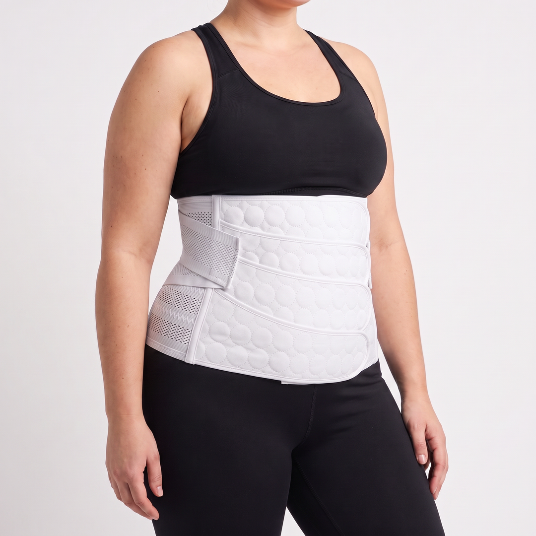 Postpartum belly band abdominal binder in White worn on the waist