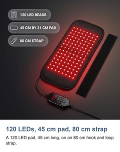 120 LEDs, 45 cm pad, 80 cm strap. The three numbers the supplier card actually gives, and nothing invented.