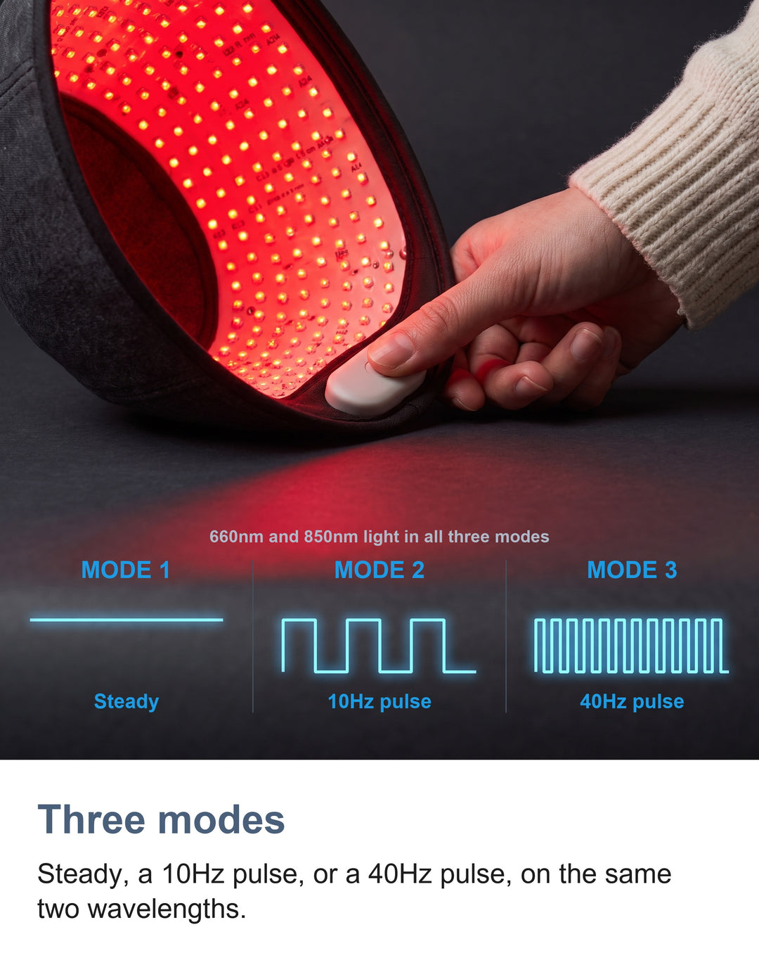 The three modes of the red light cap: steady, a 10Hz pulse and a 40Hz pulse