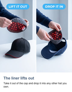 The light liner lifted out of the black cap and dropped into another hat