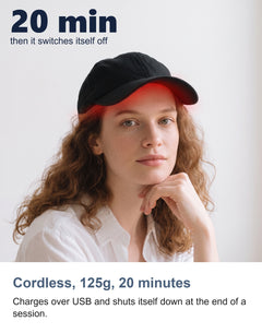 The red light cap charges over USB, the liner weighs 125g and it stops after 20 minutes