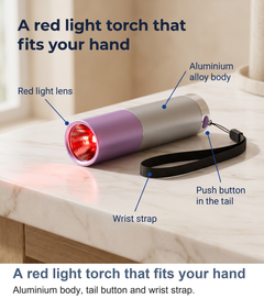 Labelled view of the red light torch showing the lens, aluminium body, tail button and wrist strap