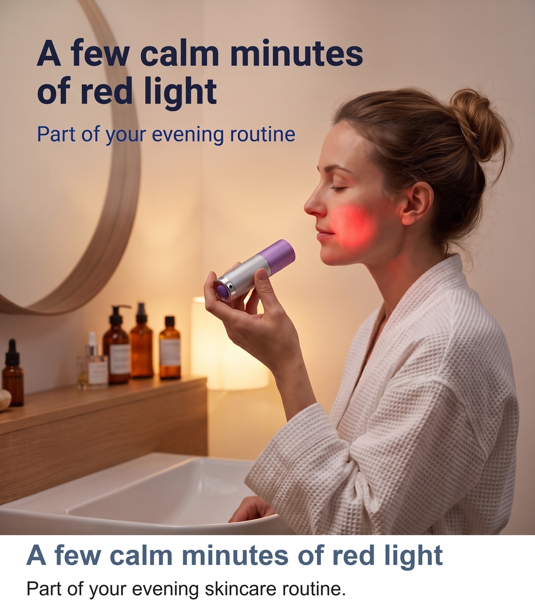 Woman using the red light torch as part of her evening skincare routine