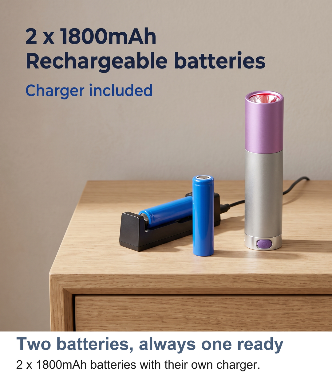 Red light torch kit with its two 1800mAh rechargeable batteries and charger