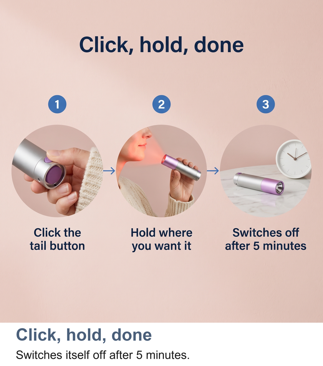Three steps to use the red light torch: click, hold, done