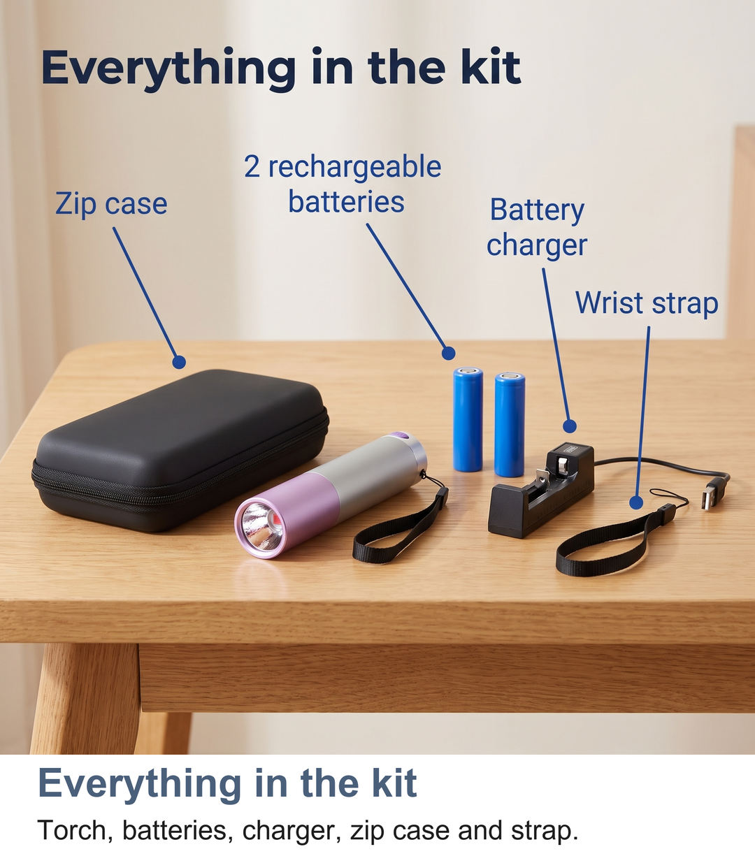Everything in the red light torch kit: torch, batteries, charger, zip case and wrist strap