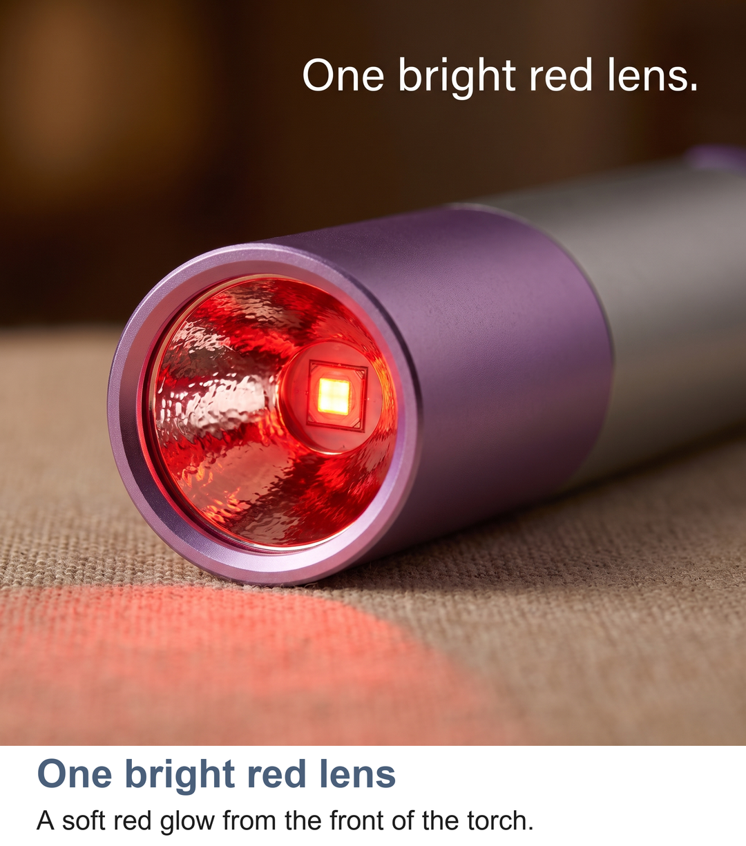 Macro of the glowing red lens on the torch