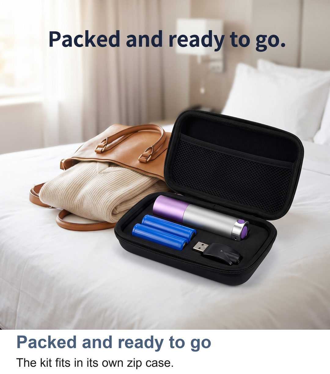 Red light torch kit packed in its zip case inside a weekend bag