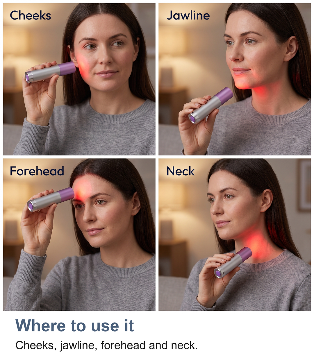 Face and neck zones where the red light torch can be used: cheeks, jawline, forehead and neck