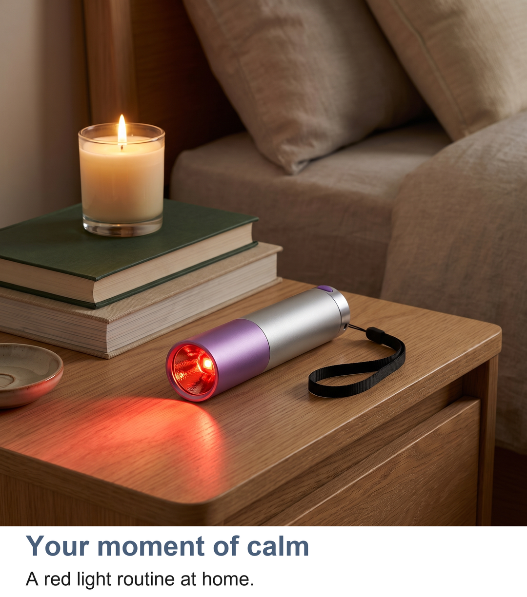 Red light torch resting on a bedside table as part of a calm evening routine