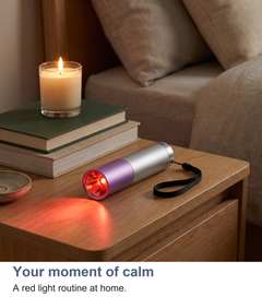 Red light torch resting on a bedside table as part of a calm evening routine