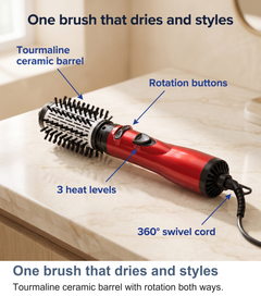 Labelled view of the rotating hot air brush showing the tourmaline ceramic barrel and controls