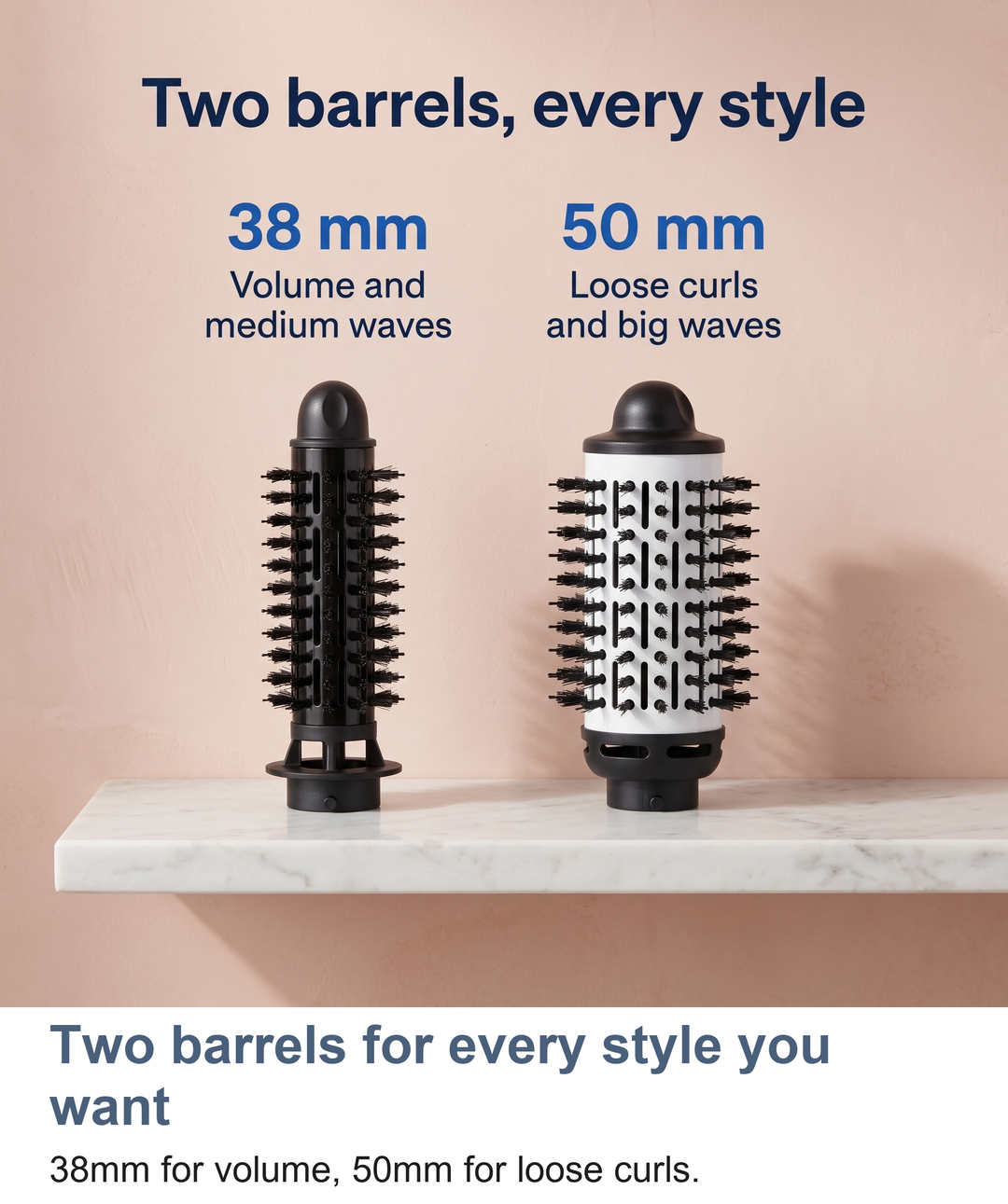 The rotating hot air brush with its 38mm and 50mm barrels side by side