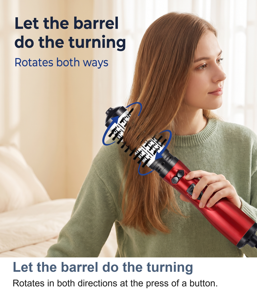 Woman using the rotating hot air brush, showing it rotates in both directions